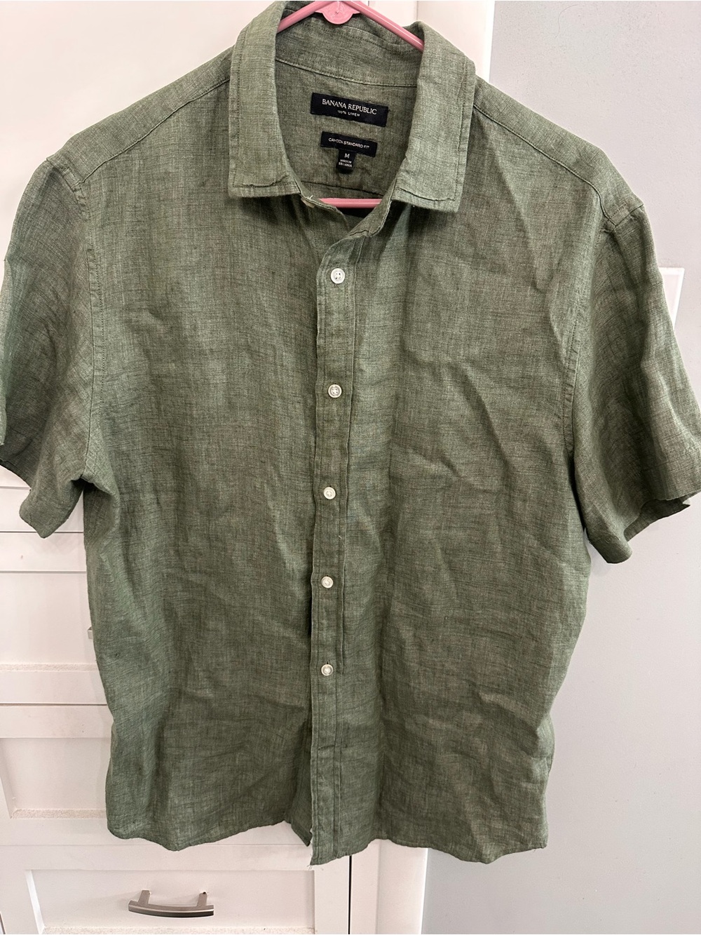 Banana Republic 100% Linen Mens Shirt Camden Standard Fit Size M Olive Green